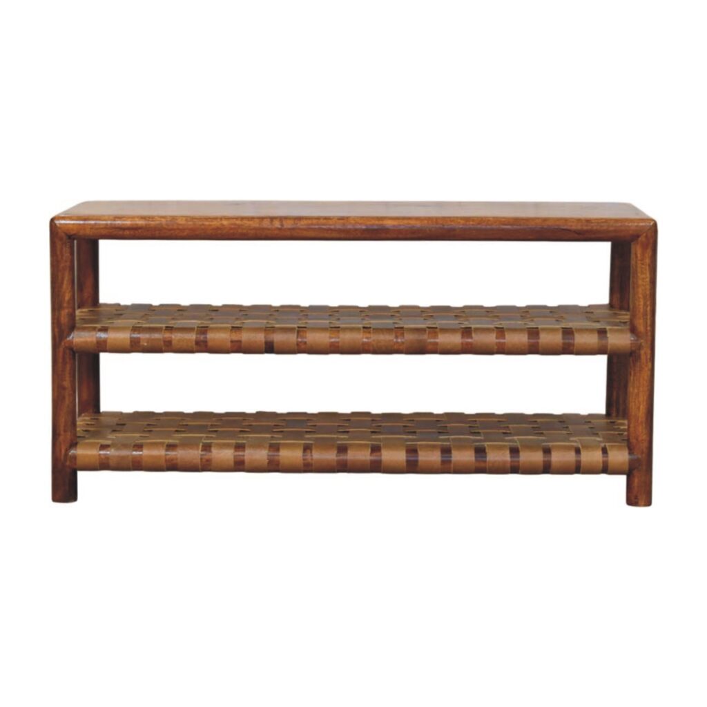 Solid Mango Wood Chestnut Finished Regency Woven Leather 2 Slot Shoe Rack