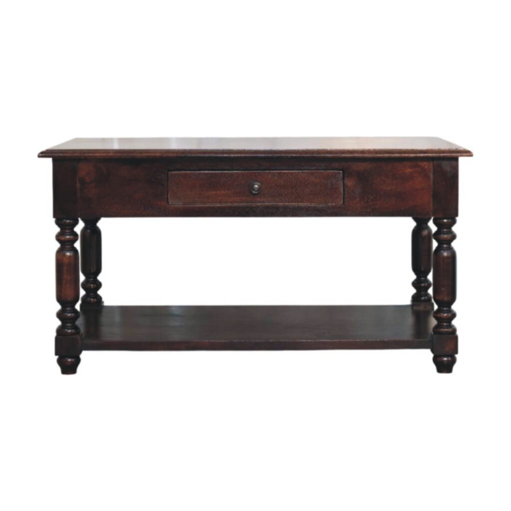 Solid Mango Wood Cherry Finished Turned Legs 1 Drawer Console Table