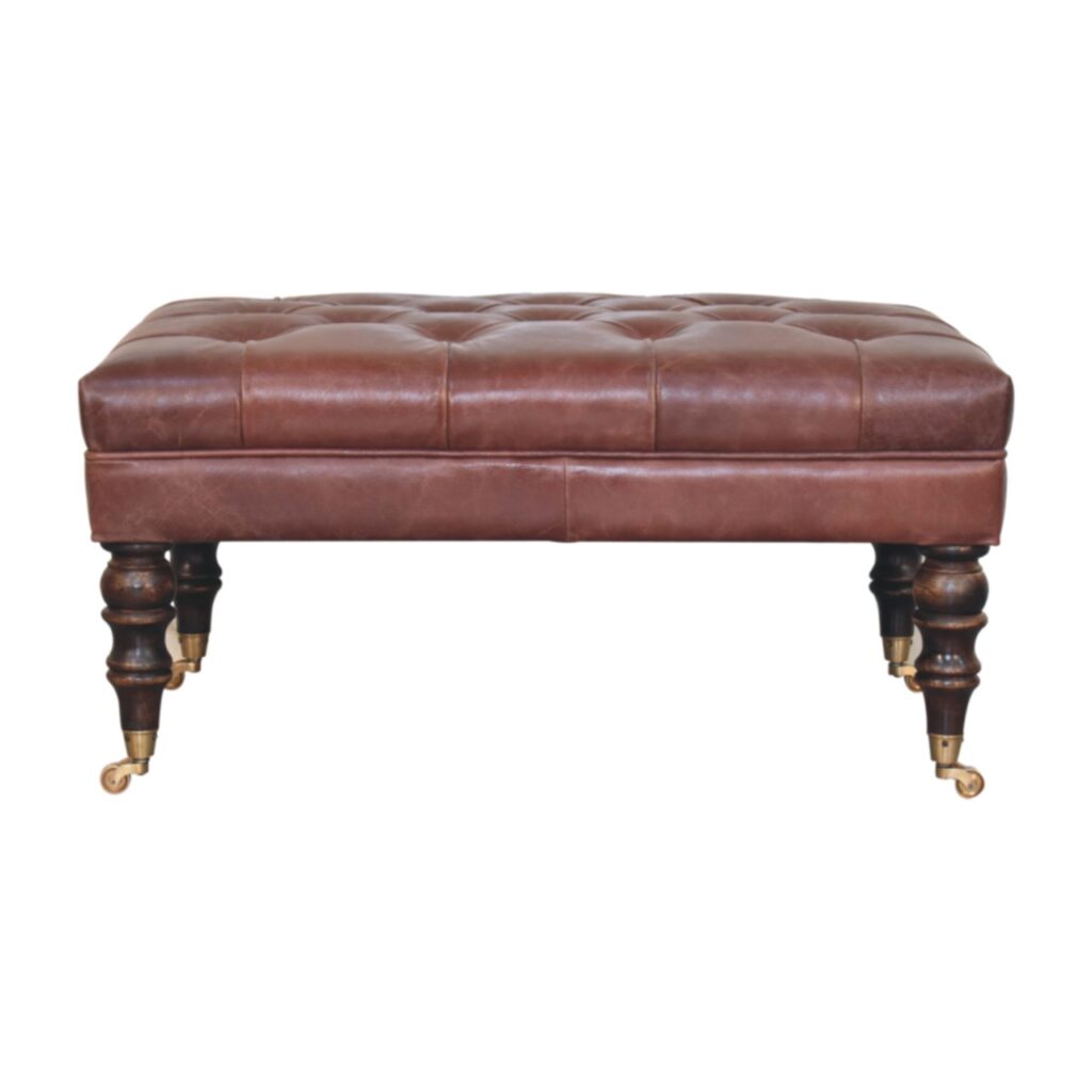 Solid Mango Wood Buffalo Brown Leather Ottoman with Castor Legs