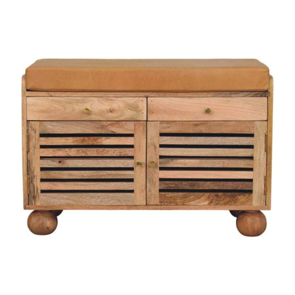 Solid Mango Wood Shutter Oak Finished 2 Door Upholstered Shoe Rack
