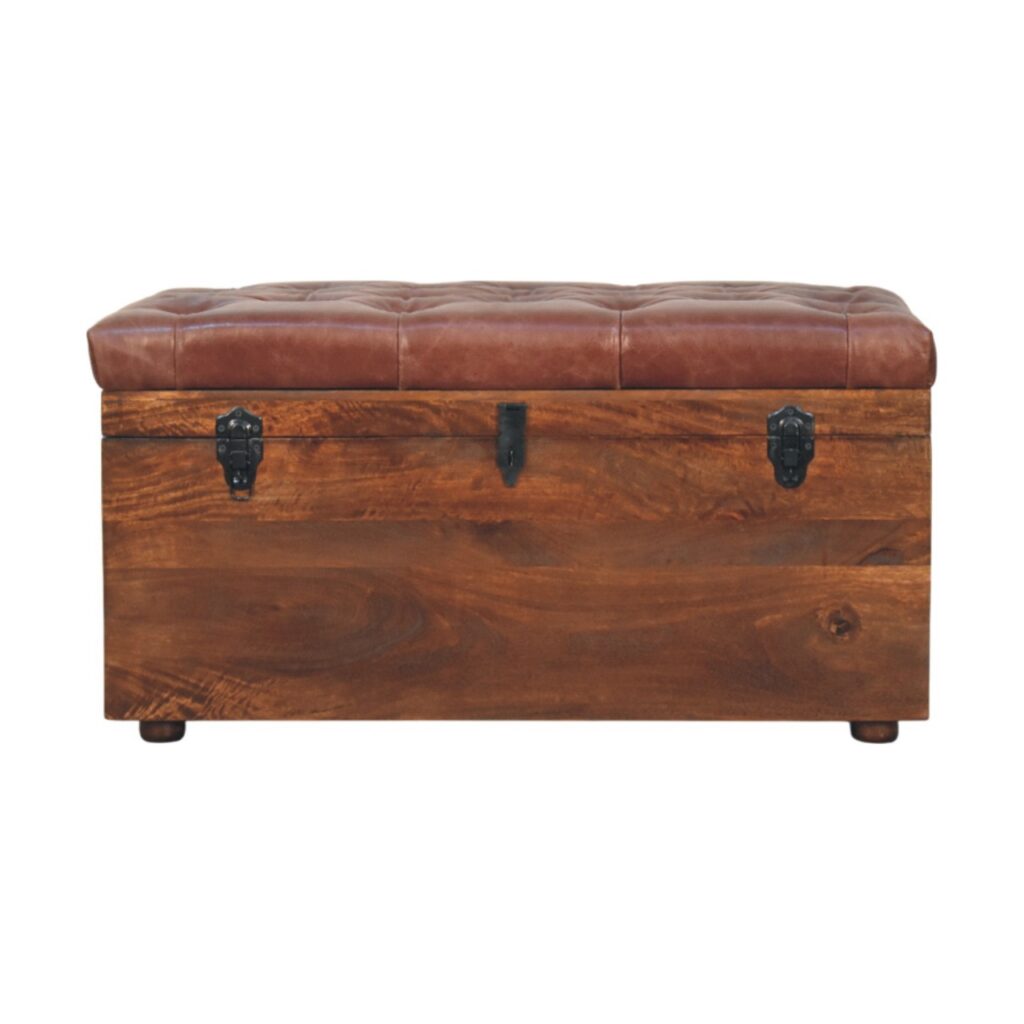 Solid Mango Wood Caliifornia Walnut Brown Buffalo Hide Leather Storage Trunk
