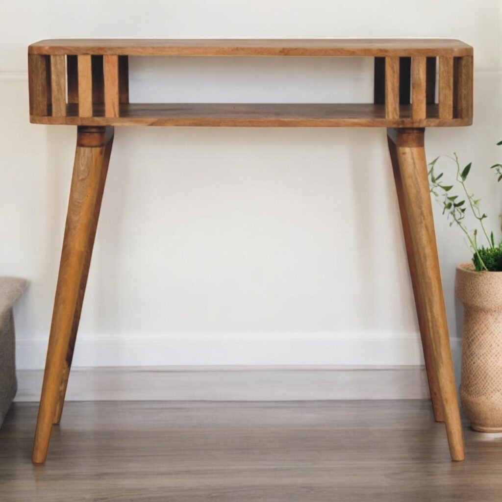 Solid Mango Wood Slatted Oak Finished Console