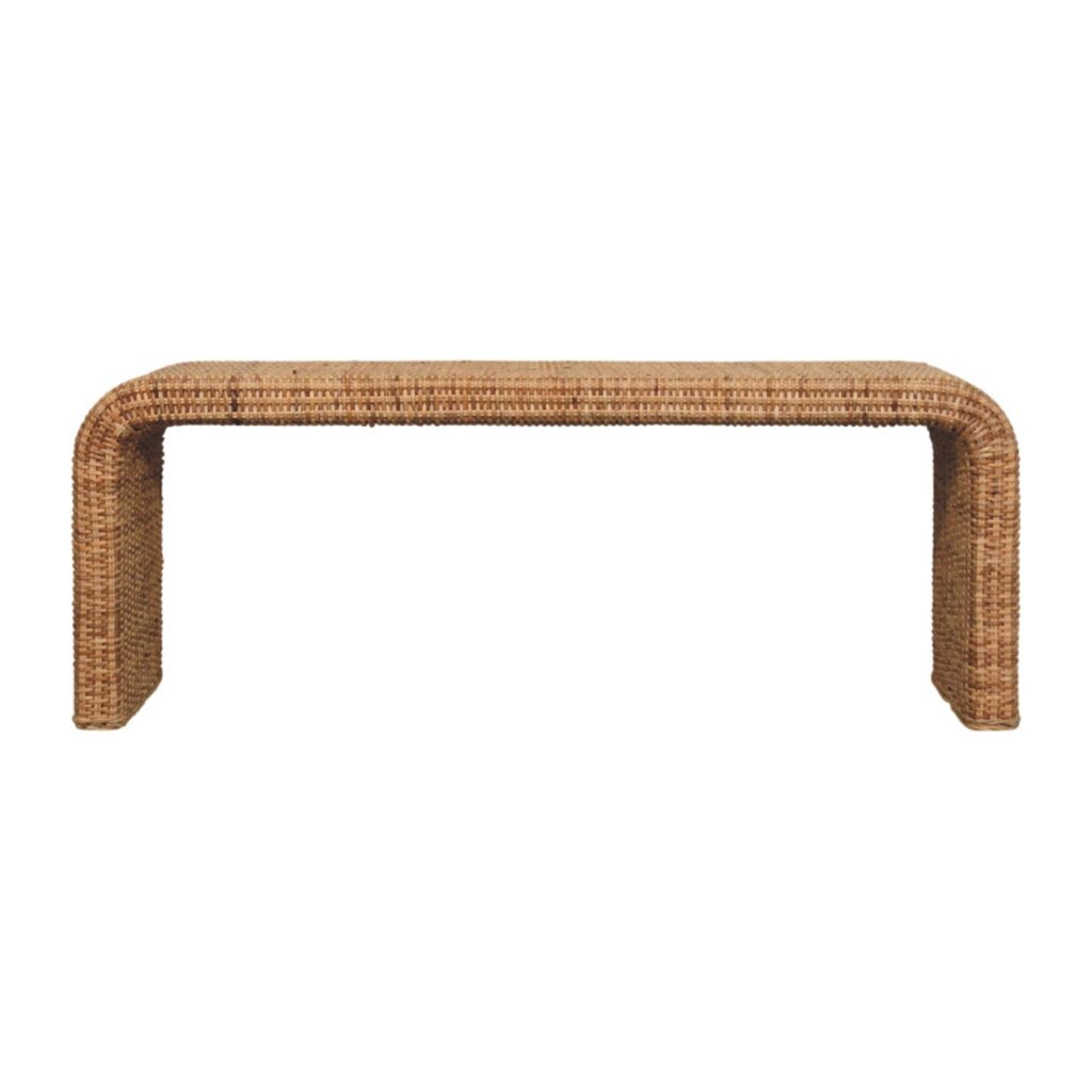 Solid Mango Wood Oak Finished Rattan Weave Bench