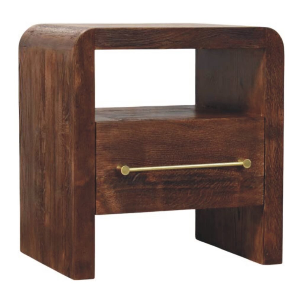 Solid Mango Wood Tiger Oak Finished 1 Drawer Open Bedside with Brass Handle