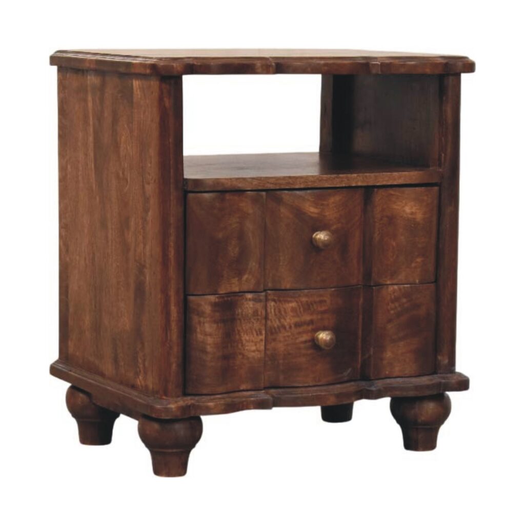 Solid Mango Wood Roasted Almond Lume 2 Drawer 1 Shelf Bedside Table