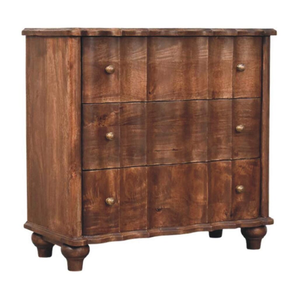 Solid Mango Wood Roast Almond Finished 3 Drawer Lume Panel Chest
