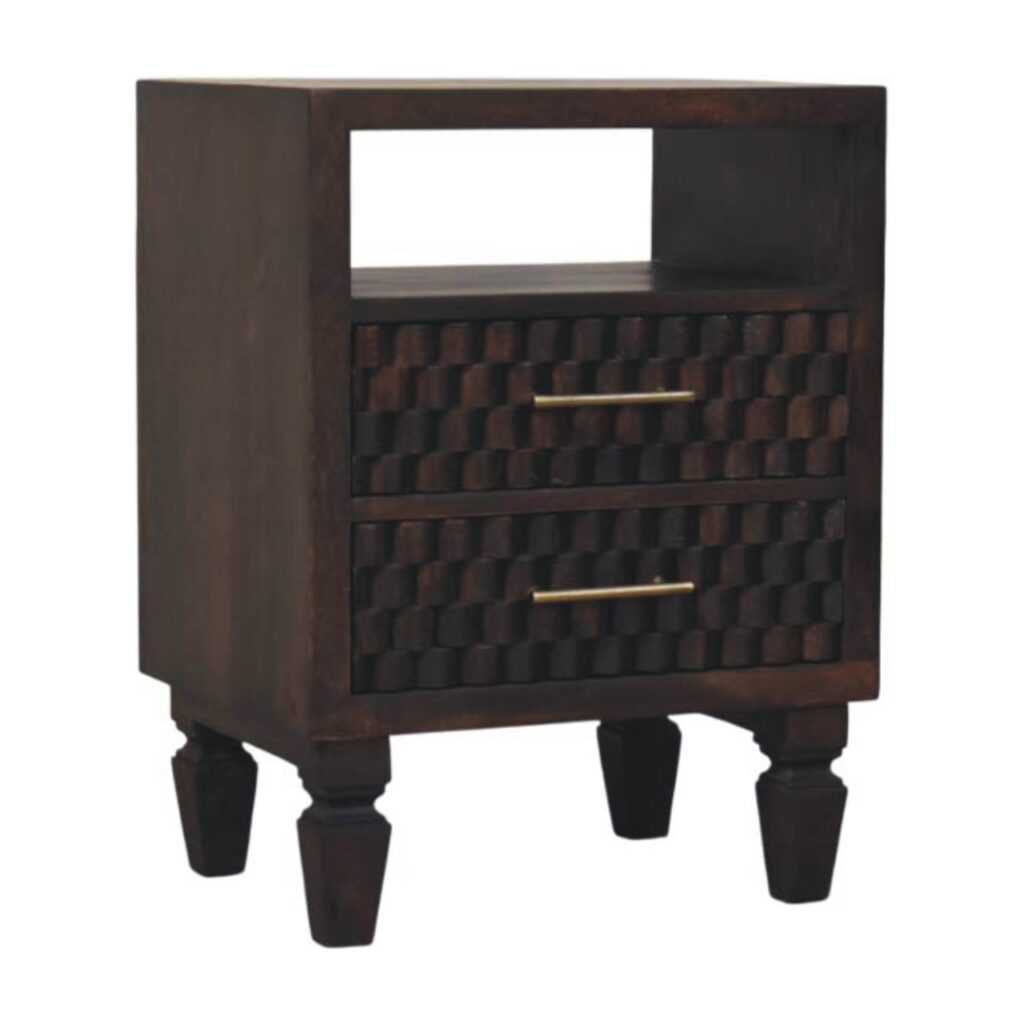 Solid Mango Wood Velvet Mocha Finished 2 Drawer Cadiz Carved Bedside Table