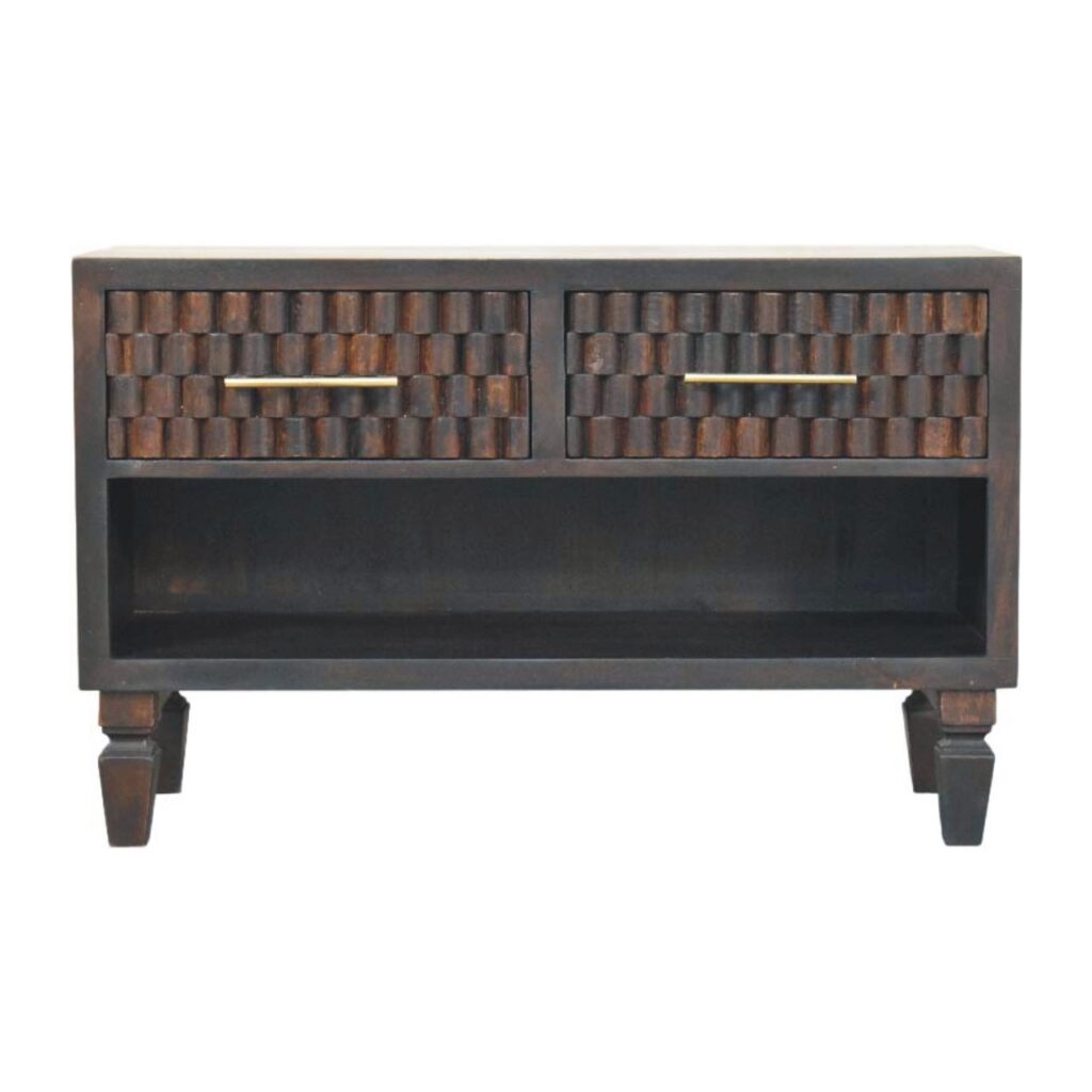 Solid Mango Wood Velvet Mocha Cadiz Carved 2 Drawer Shoe Storage Bench