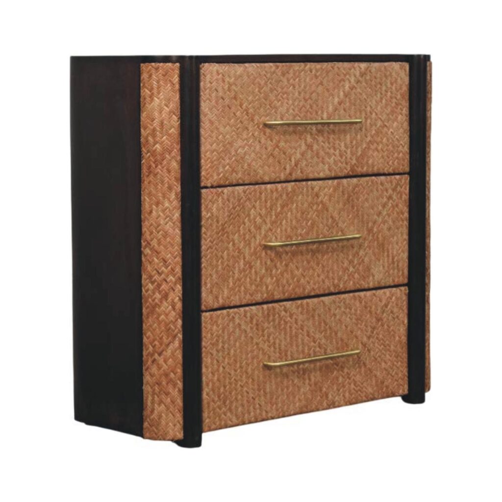 Solid Mango Wood Velvet Mocha Finished Havana Weave 3 Drawer Chest