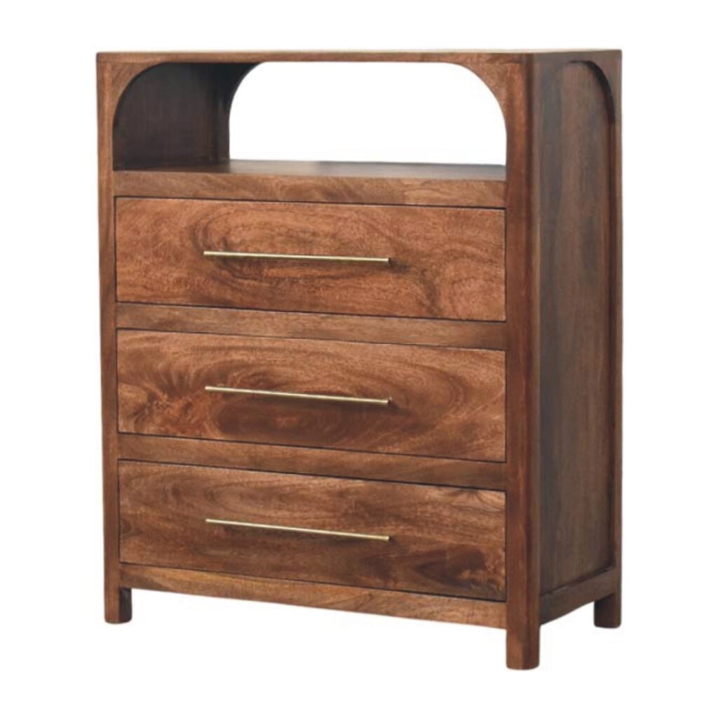 Solid Mango Wood Roasted Almond Finished Arc-Line 3 Drawer Chest