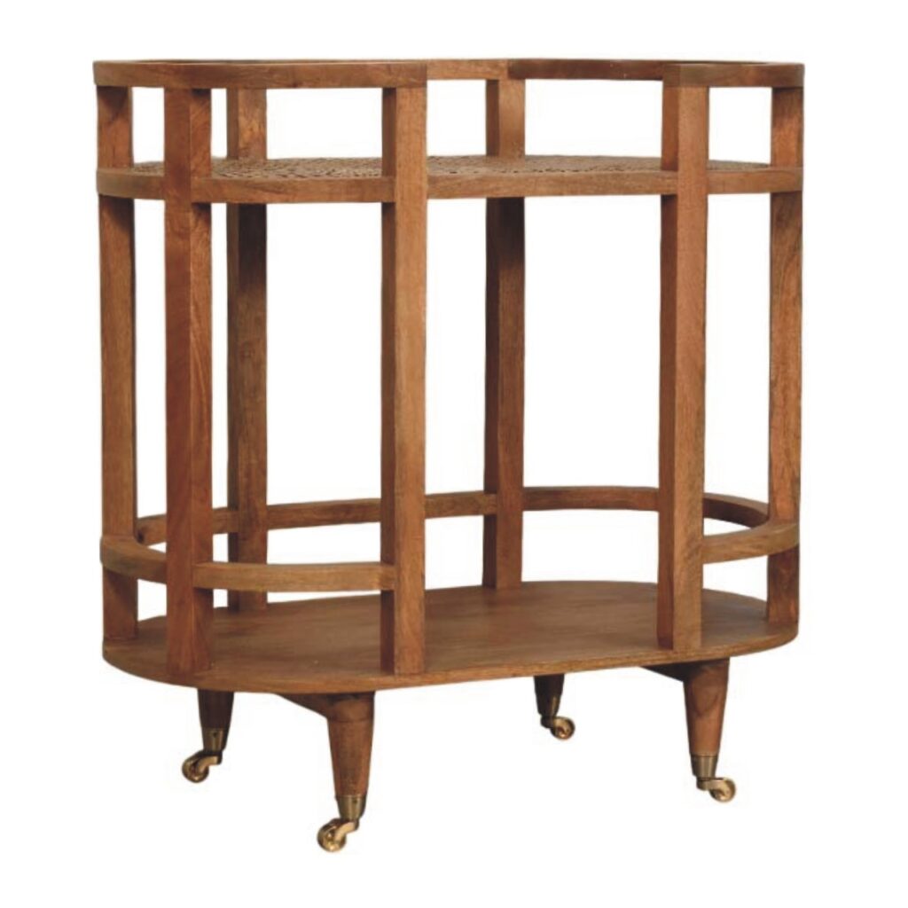 Solid Mango Wood Golden Teak Finished 2 Shelf Saffron Rattan Butler Table