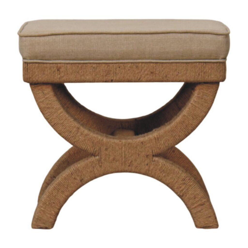 Solid Mango Wood Oak Finished Rattan Arch Bench Upholstered with Light Brown Fabric