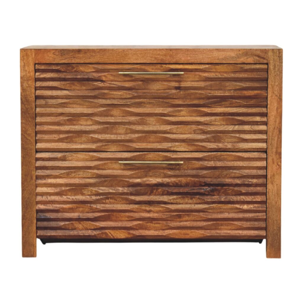 Solid Mango Wood Amber Oak Finished 2 Drawer Wavefront Cabinet