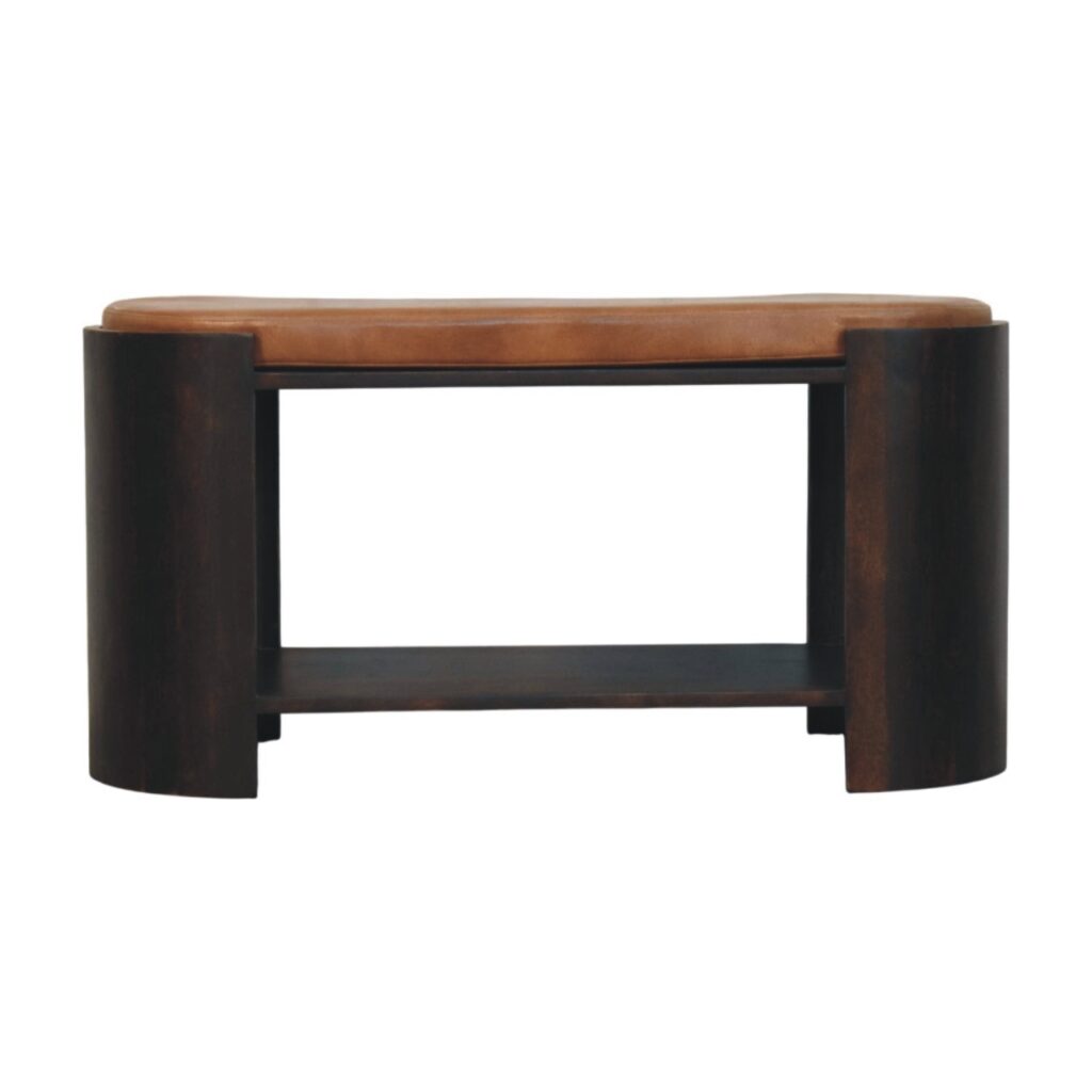 Solid Mango Wood Velvet Mocha Finished Valencia Upholstered Leather Shoe Bench
