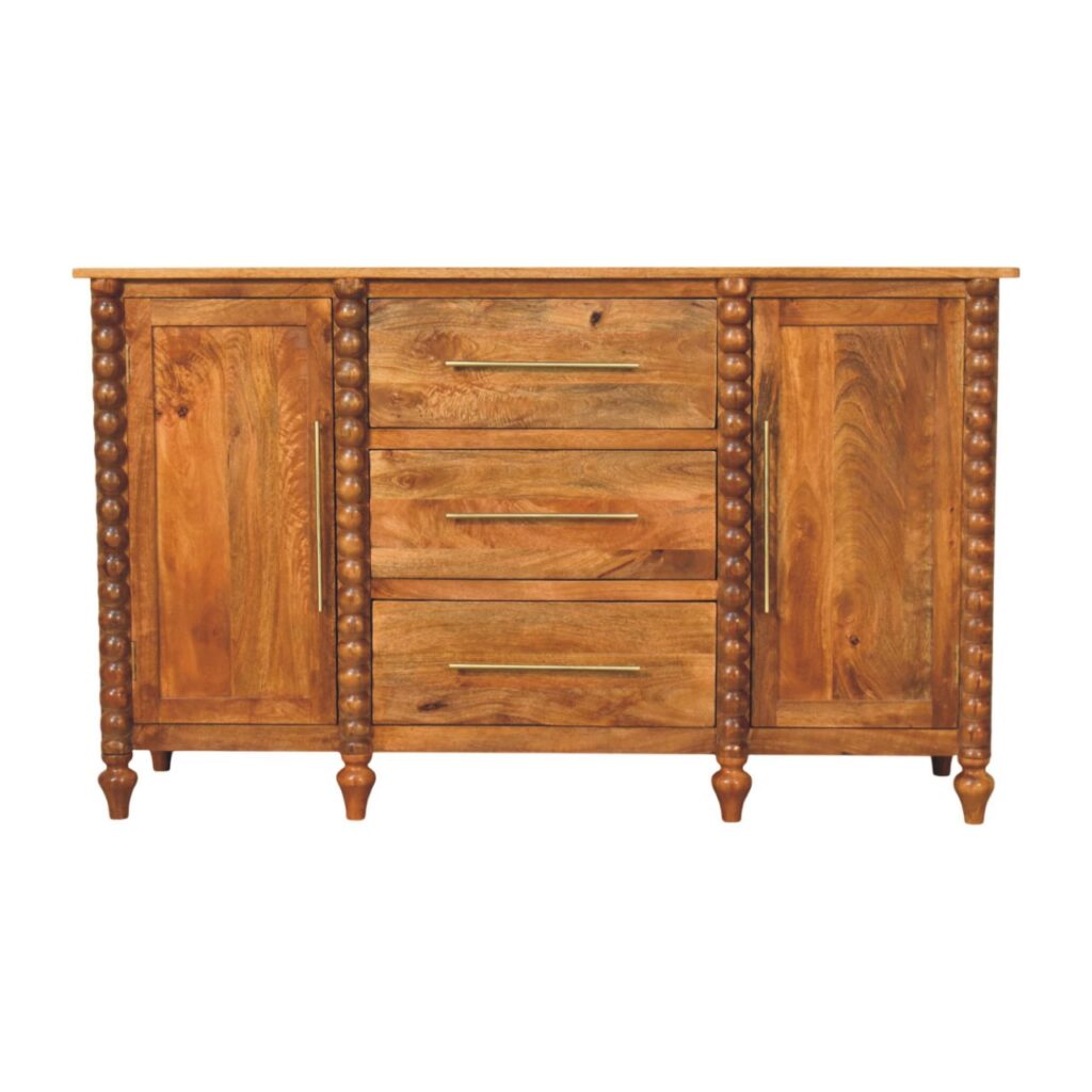 Solid Mango Wood Amber Oak Finish 2 Door 3 Drawer Spindle Decorated Sideboard