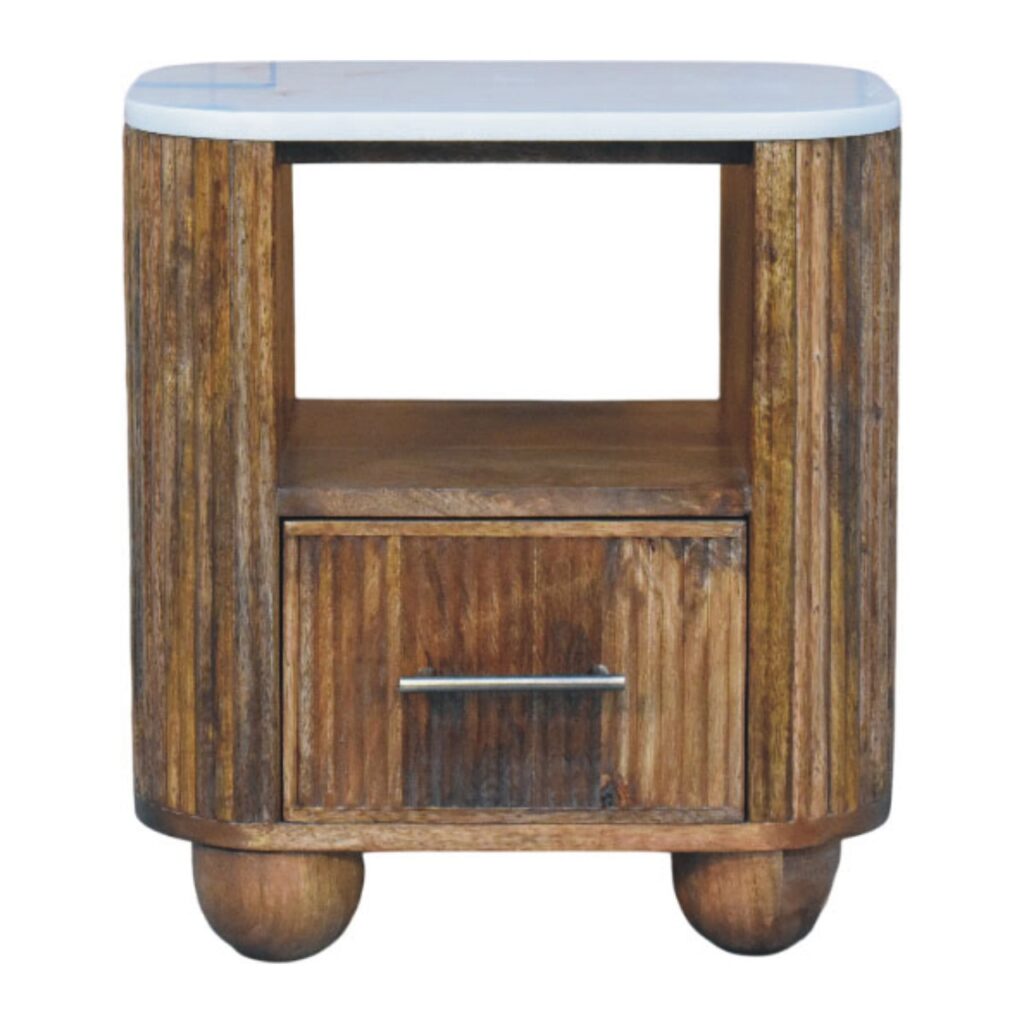 Solid Mango Wood Golden Teak Beaumont Marble Topped 1 Drawer Bedside