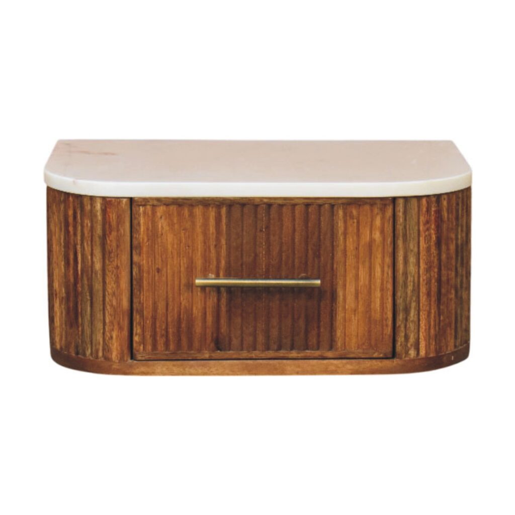 Solid Mango Wood Golden Teak Finished Beaumont Marble Topped Wall-Mounted 1 Drawer Bedside