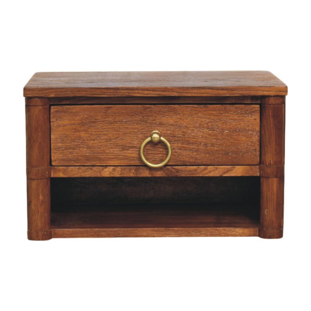 Solid Mango Wood Tiger Oak Finished 1 Drawer Box Frame Wall Nightstand