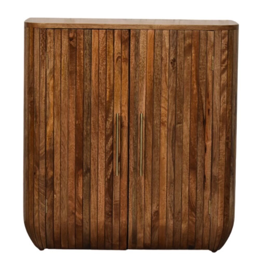Solid Mango Wood Golden Teak Finished 2 Door Fluted Curve Cabinet