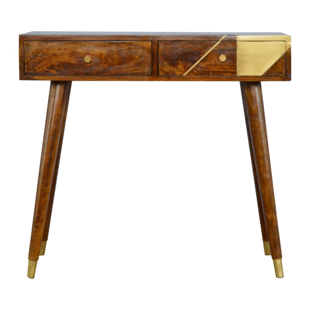 Solid Mango Wood Chestnut Finished 2 Drawer Desk with Geometric Brass Detail