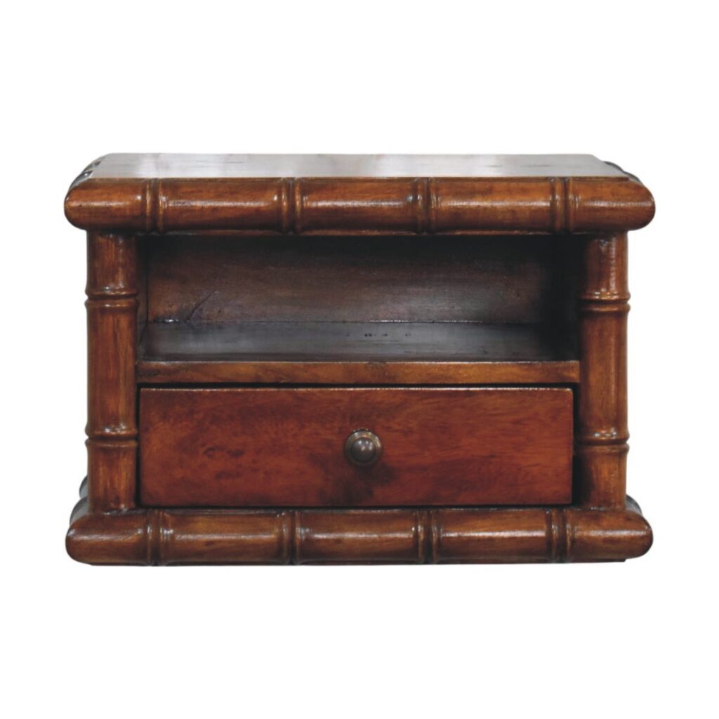 Solid Mango Wood Chestnut Finished Bamboo Pattern Wall-Mounted 1 Drawer Bedside