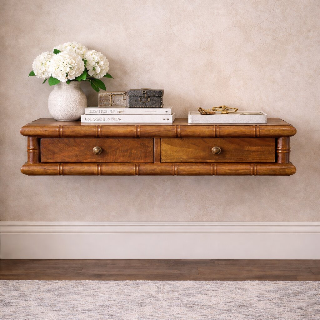 Solid Mango Wood Amber Oak Finished 2 Drawer Bamboo Decorated Wall-Mounted Console