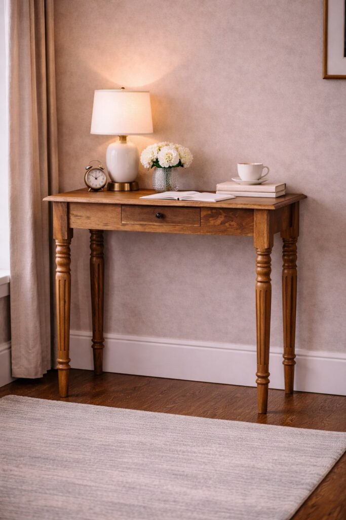 Solid Mango Wood Oak Finished 1 Drawer Turned Leg Writing Desk