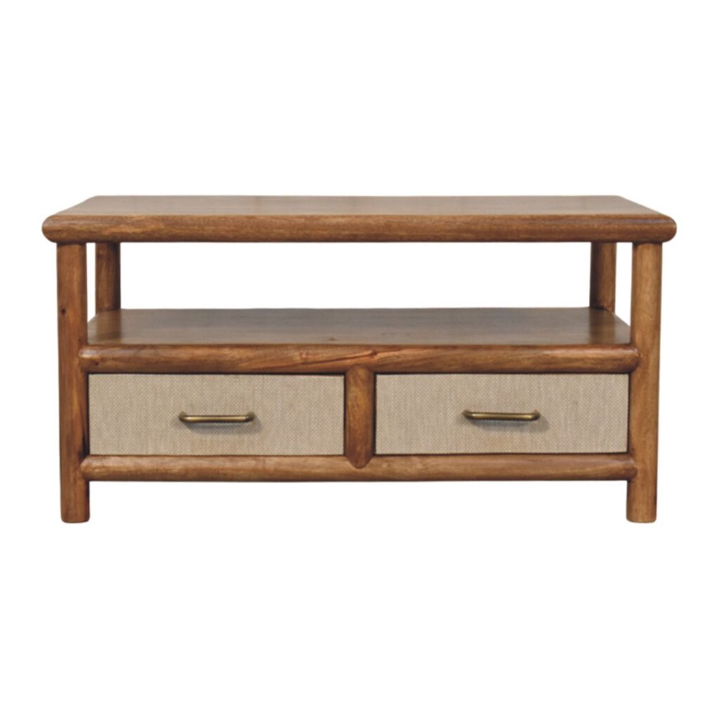 Solid Mango Wood Golden Teak Finish 2 Drawer Solara Rattan Coffee Table