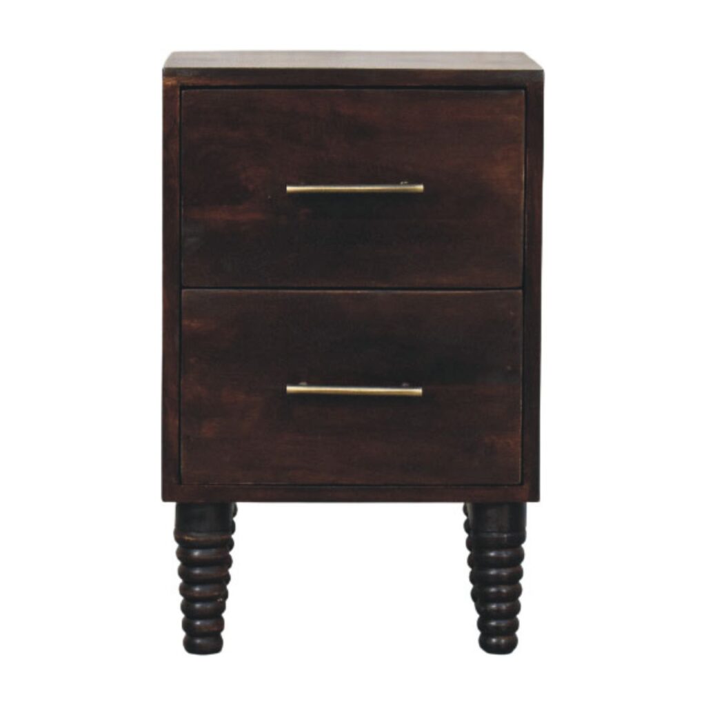 Solid Mango Wood Velver Mocha Finished 2 Drawer Spindle Mocha Bedside Table