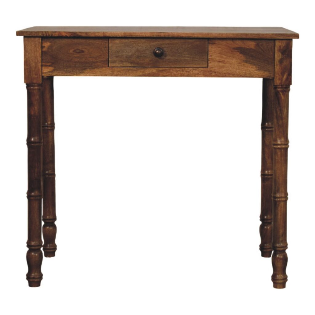 Solid Mango Wood Golden Teak Finished Bamboo Patterned One Drawer Writing Desk