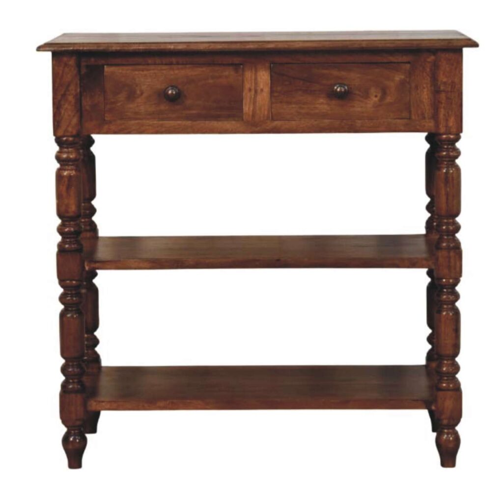 Solid Mango Wood Roast Almond Finished Turned Leg Side Table with 2 Shelves