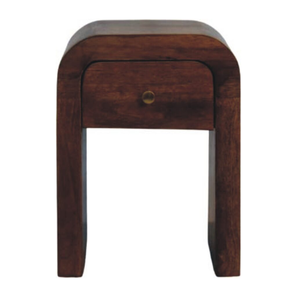 Solid Mango Wood Roasted Almond Finished 1 Drawer Curved Bedside Table