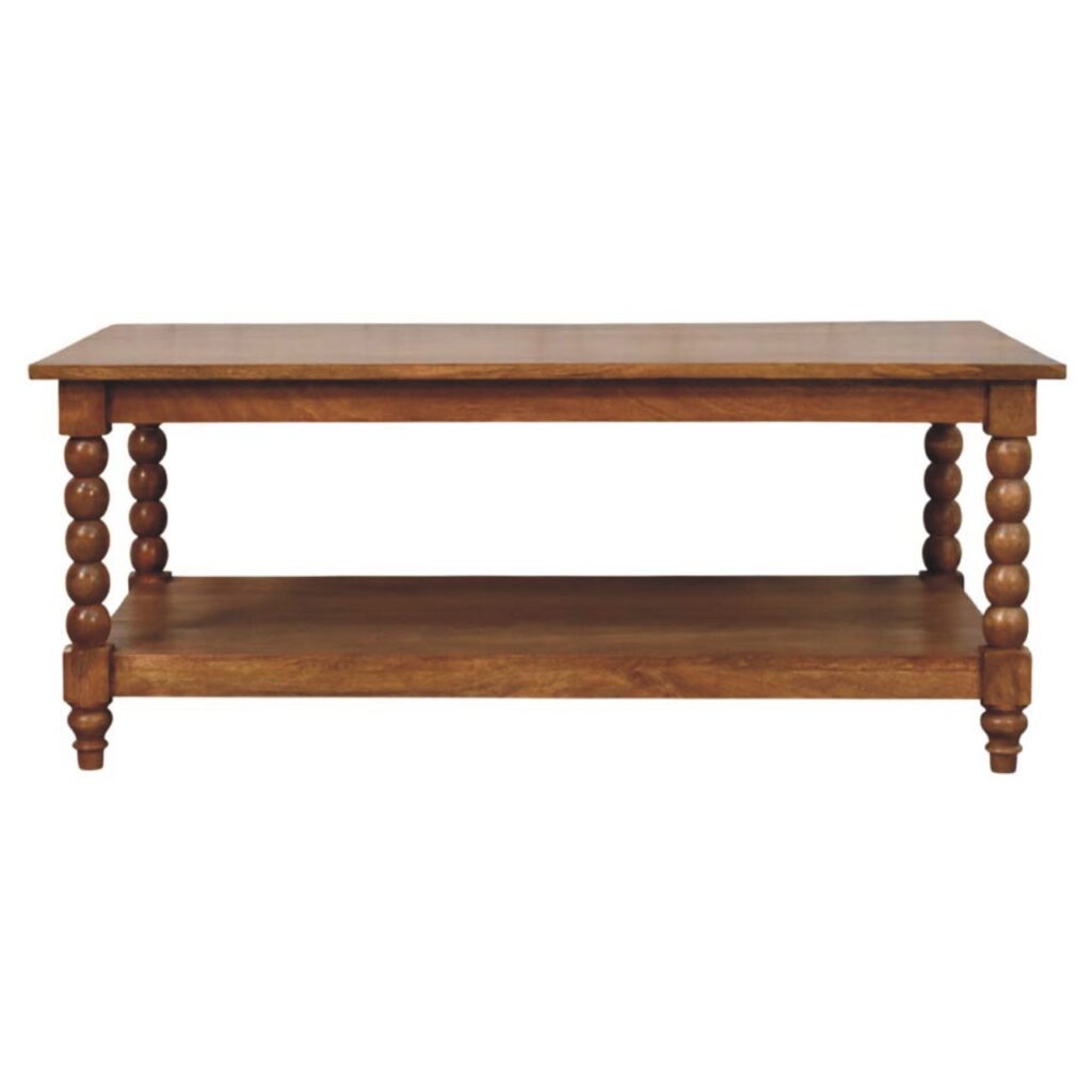 Solid Mango Wood Amber Oak Finished Spindle Coffee Table with Open Shelf