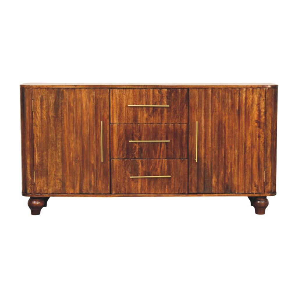 Solid Mango Wood Chestnut Finished 3 Drawer 2 Door Curved Sideboard