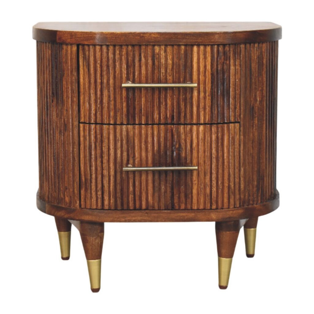 Solid Mango Wood Chestnut Finished 2 Drawer Ribbed Bedside with Brass Handles