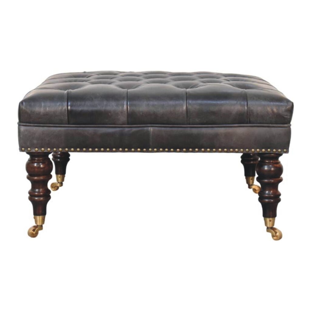 Solid Mango Wood California Walnut Finished Black Leather Upholstered Seat Ottoman
