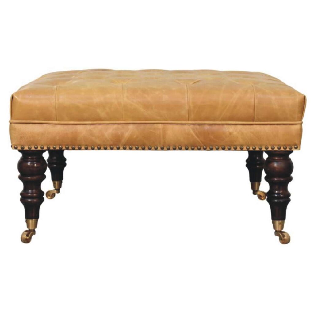 Solid Mango Wood California Walnut Finish with Tan Leather Upholstered Seat Ottoman