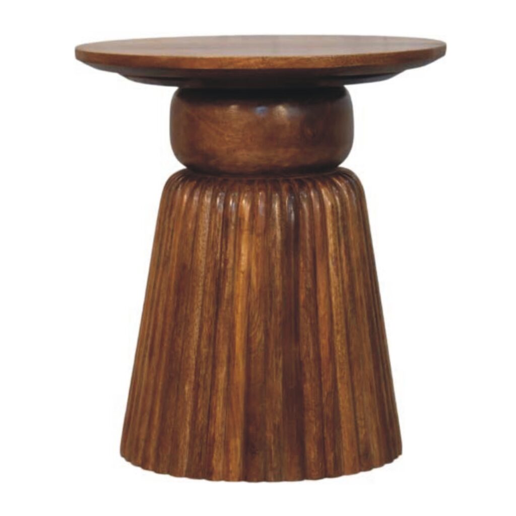 Solid Mango Wood Amber Oak Finished Fluted Round Side Table