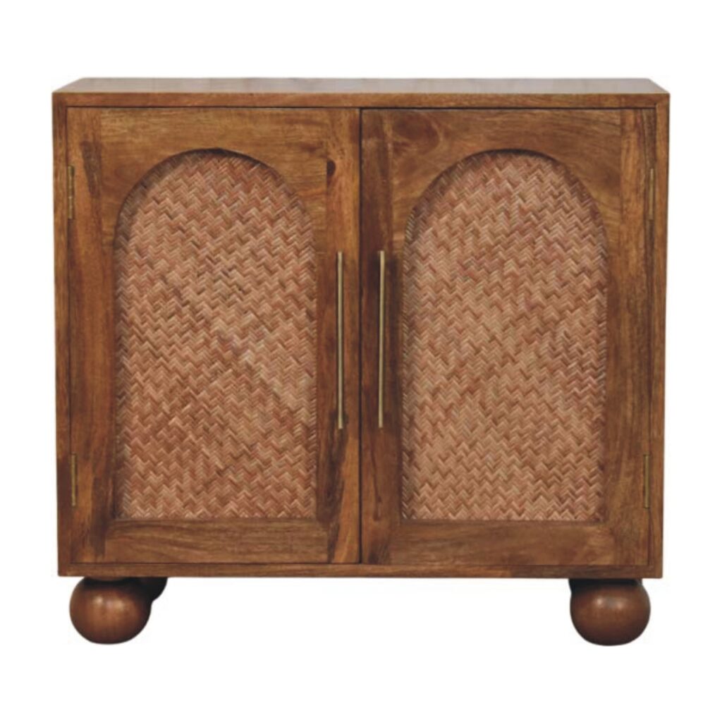 Solid Mango Wood Golden Teak Finished Arched Rattan Two-Door Sideboard