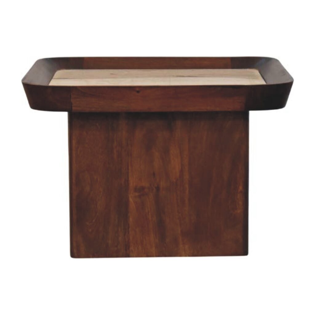 Solid Mango Wood Chestnut Finished Travertine Top Tray Coffee Table