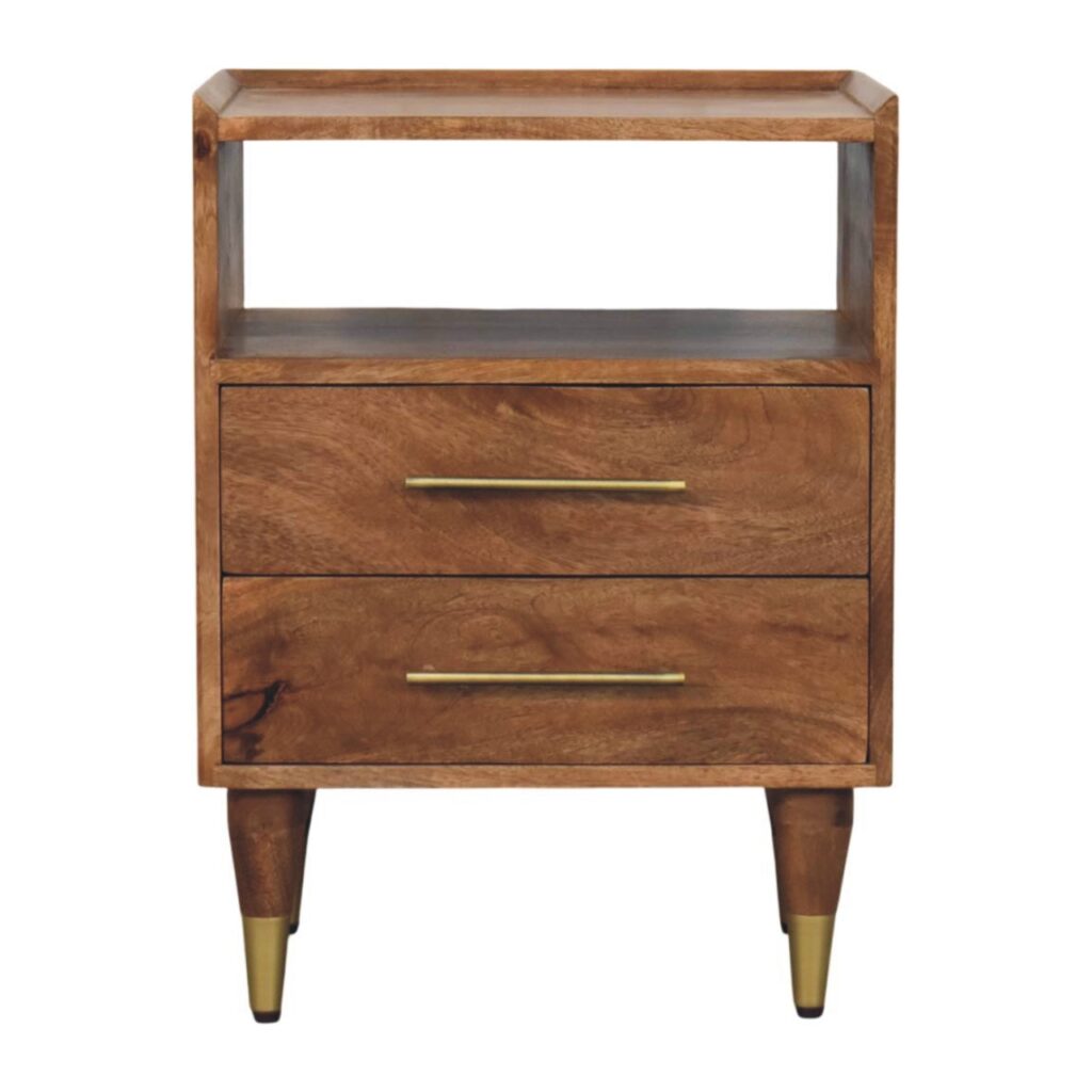 Solid Mango Wood Golden Teak Finished Valenza Brass Accent 2 Drawer Bedside