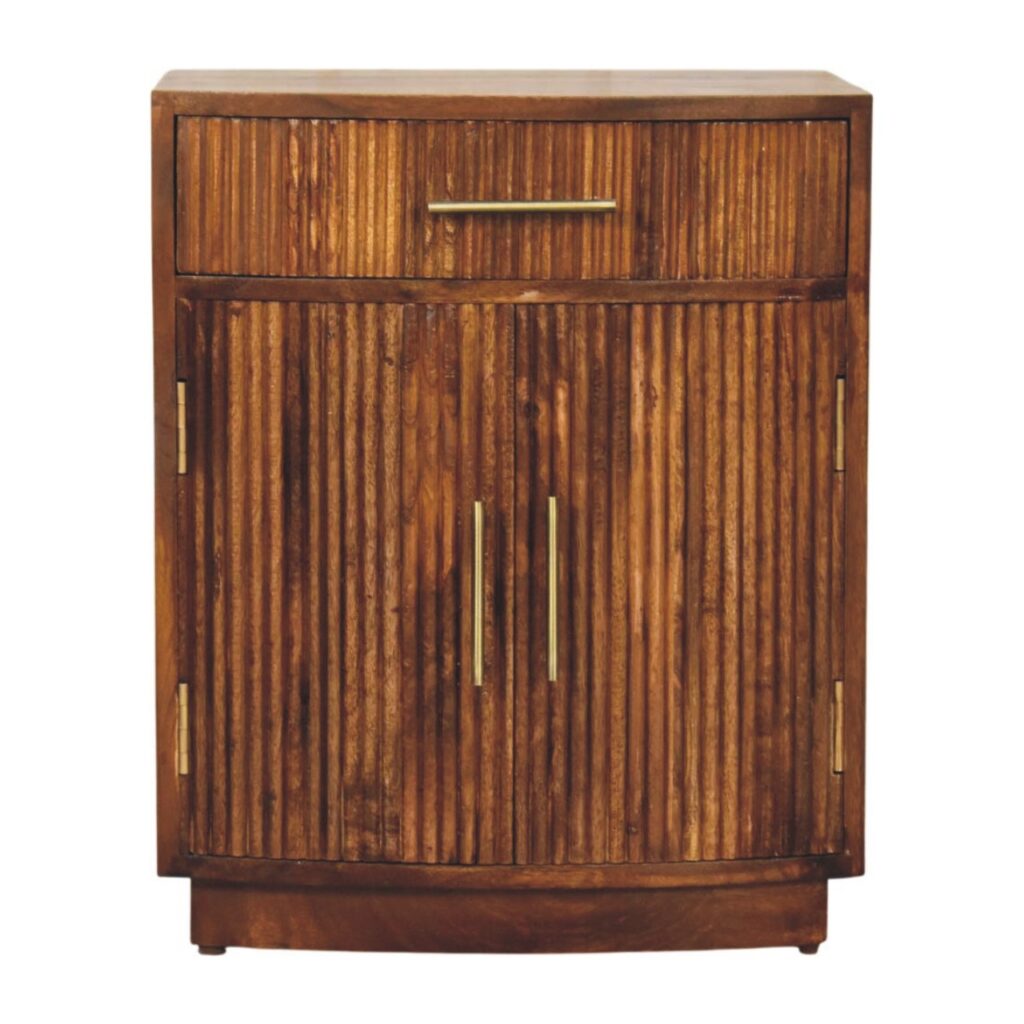 Solid Mango Wood Chestnut Finished Milan Fluted 1 Drawer 2 Door Bedside Cabinet