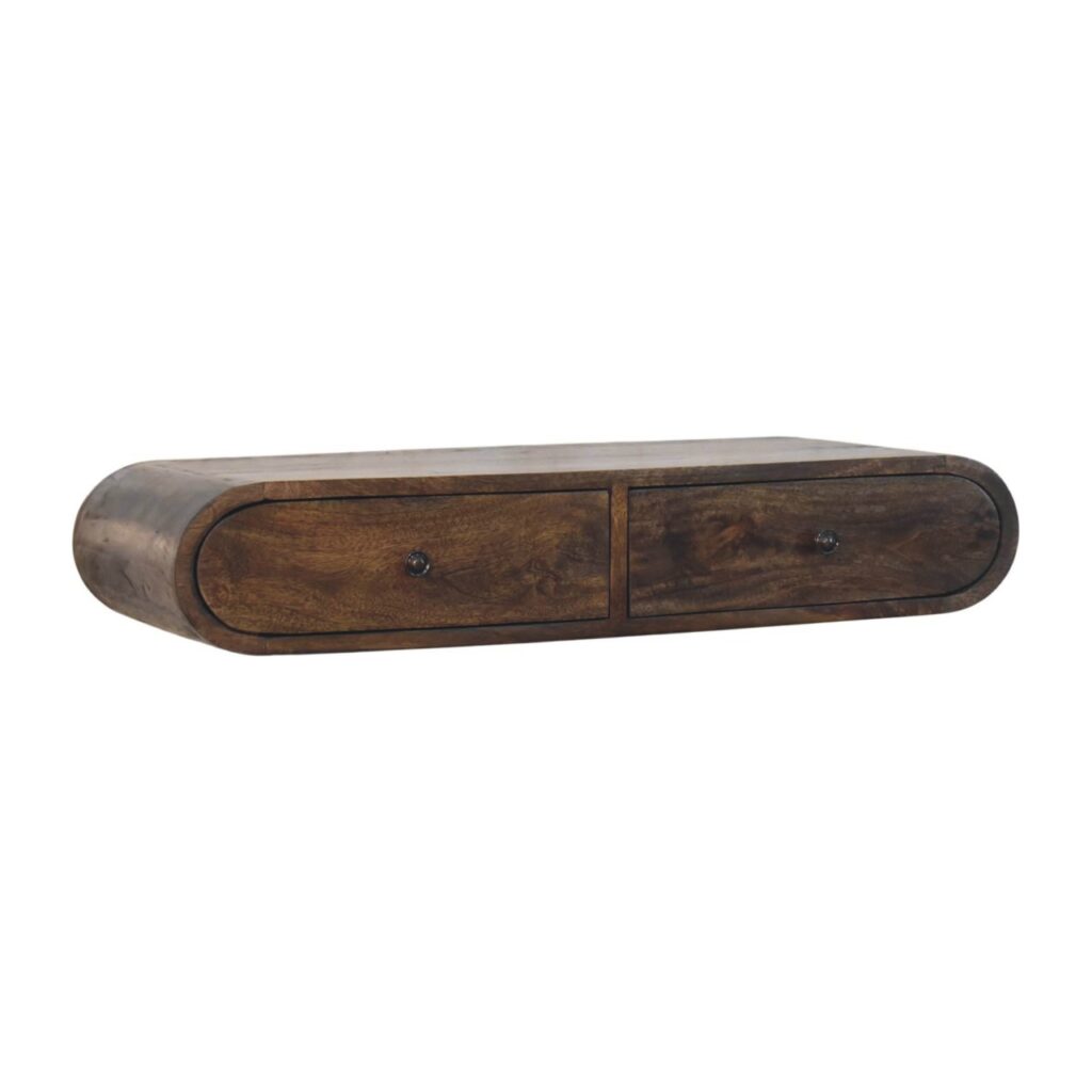 Solid Mango Wood Hand Painted Classic Grey Finished 2 Drawer Contour Floating Wall Console