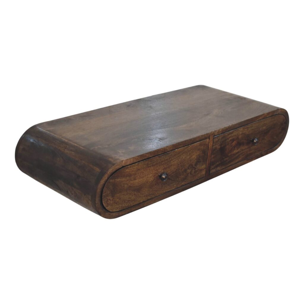 Solid Mango Wood Hand Painted Classic Grey Finished 2 Drawer Contour Floating Wall Console