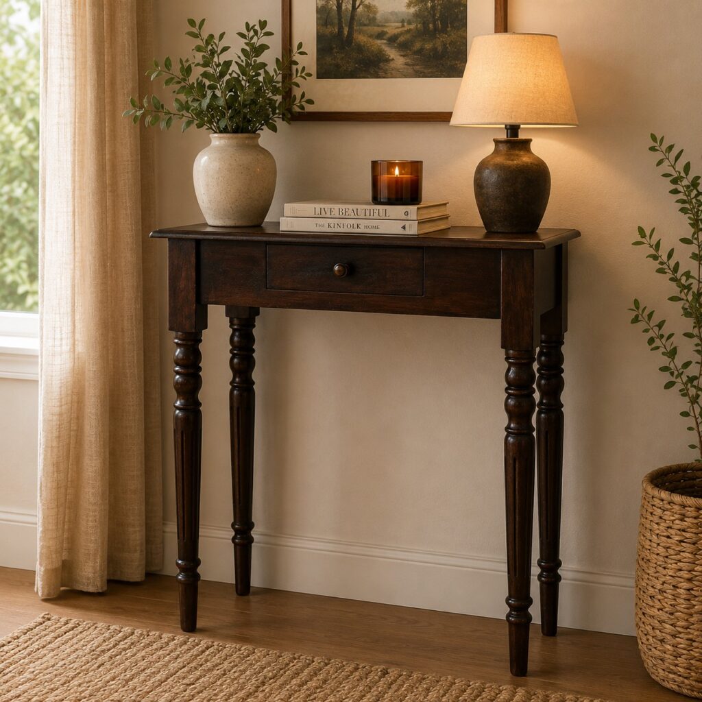 Solid Mango Wood California Walnut Finished Spindle Legs Accent 1 Drawer Console Table