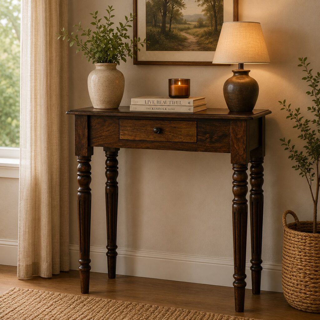Solid Mango Wood Classic Grey Finished Spindle Legs Hall 1 Drawer Console Table
