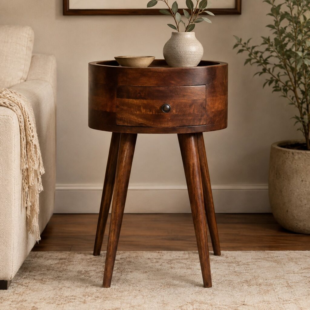 Solid Mango Wood Roasted Almond Finished Halo 1 Drawer Side Table