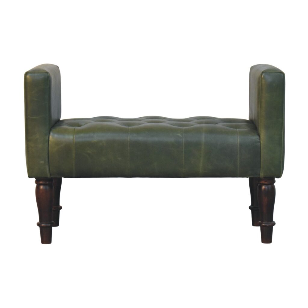 Solid Mango Wood California Walnut Finished Green Leather Bedroom Bench