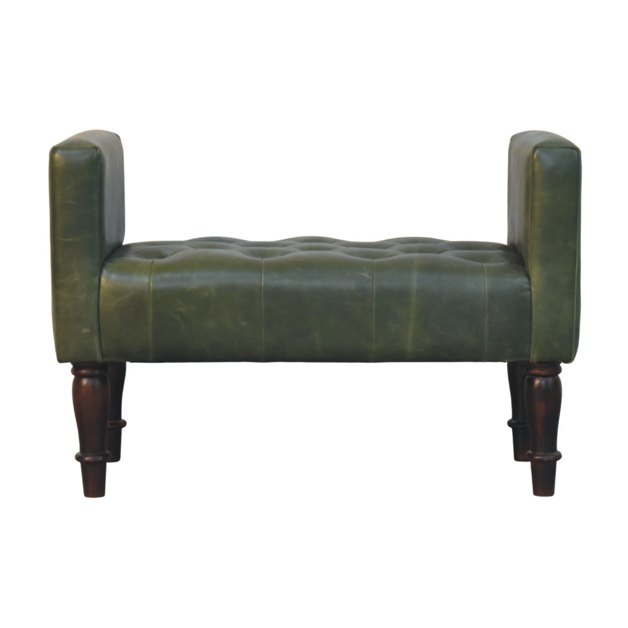 Solid Mango Wood California Walnut Finished Green Leather Bedroom Bench - Image 2