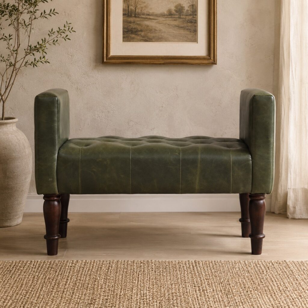 Solid Mango Wood California Walnut Finished Green Leather Bedroom Bench